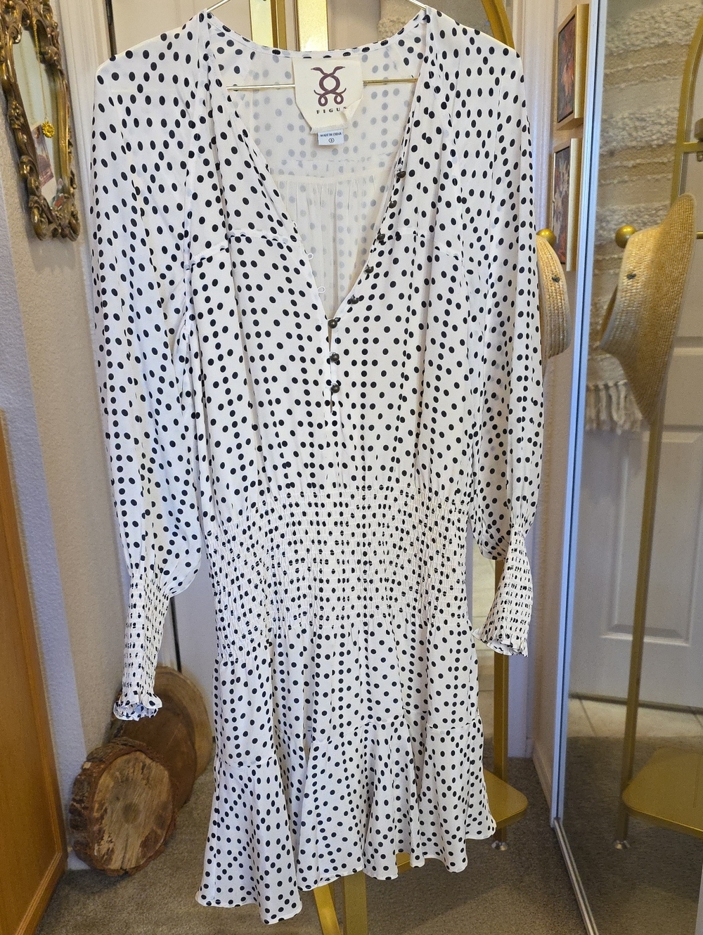 Silk Polka Dot V-Neck Smocked Waist Mini Dress - White/Black Size Small